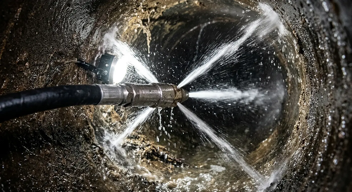 High-pressure hydro jetting nozzle cleaning sewer pipe for Emergency Drain Service in Gainesville