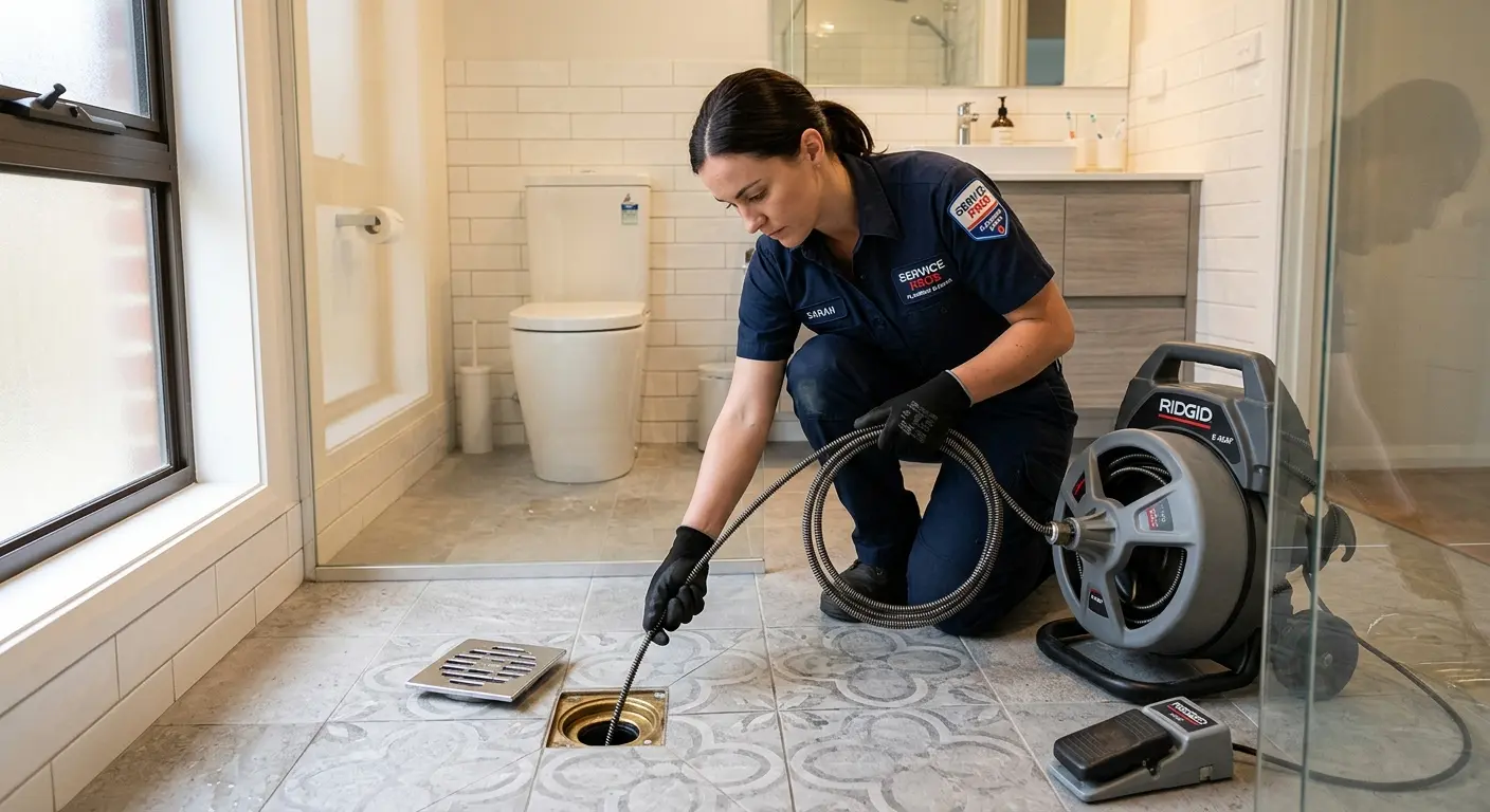Technician clearing a bathroom floor drain for Drain Repair in Gainesville